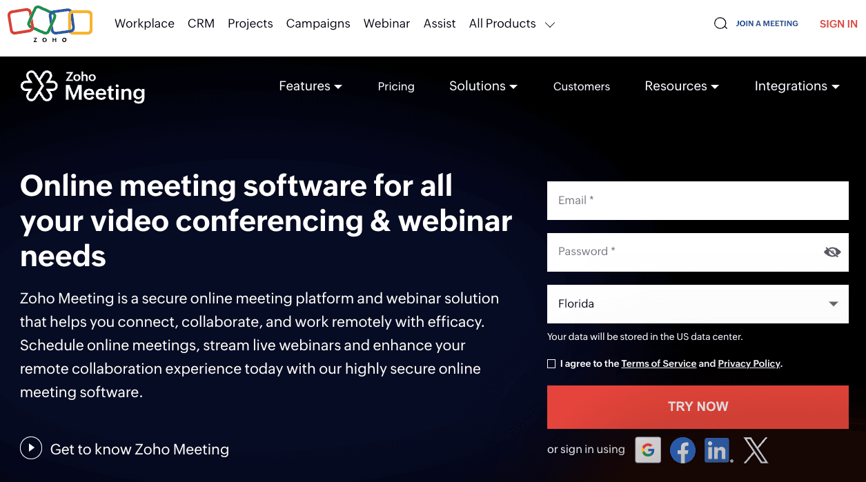 Zoho Meeting Homepage